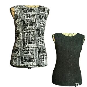 REVERSIBLE BLACK/WHITE PATCHWORK ALL WAY STRETCH BLACK SLEEVELESS CRINKL…